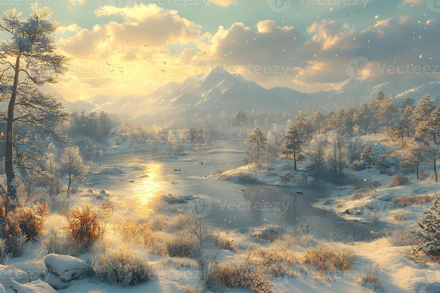 Winter Wonderland Landscape at Sunset for Nature Posters and Holiday Cards photo