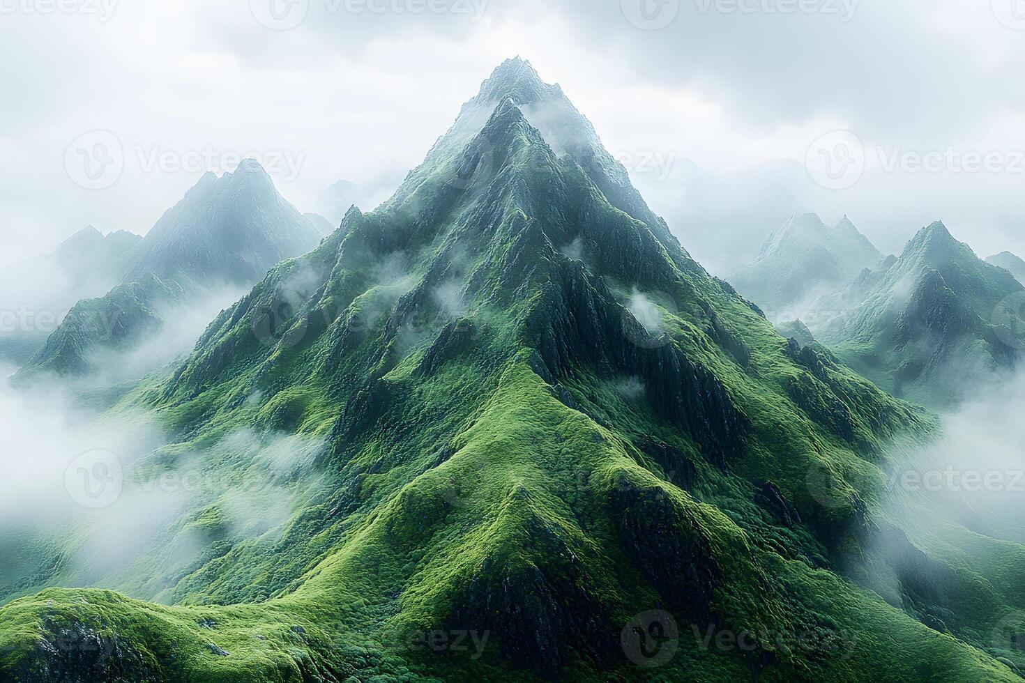 Majestic Green Mountain Peaks Shrouded in Mist for Nature and Adventure Themes photo