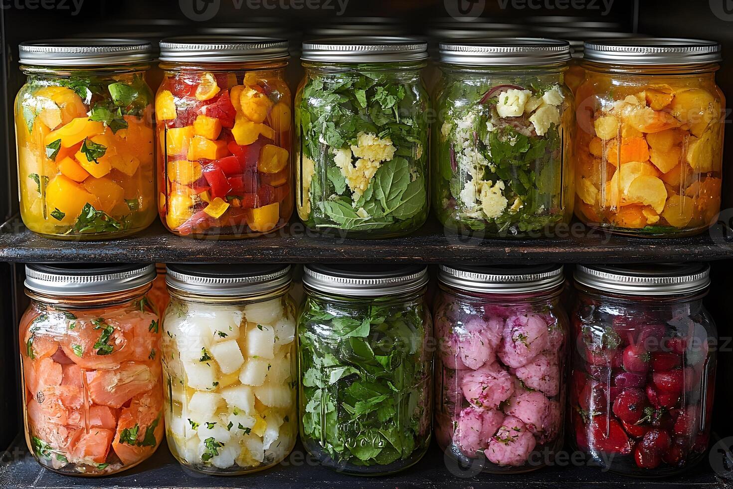Colorful Assortment of Pickled Vegetables in Mason Jars for Home Preservation photo
