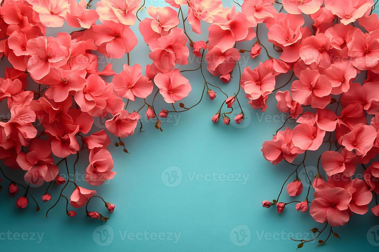 Pink Floral Arrangement Against Turquoise Background for Spring Decor and Design Projects photo