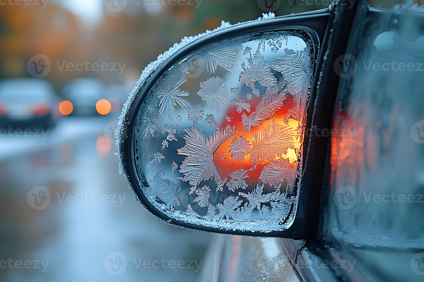 Frosty Car Mirror on Wintery Road - Seasonal Travel Concept photo