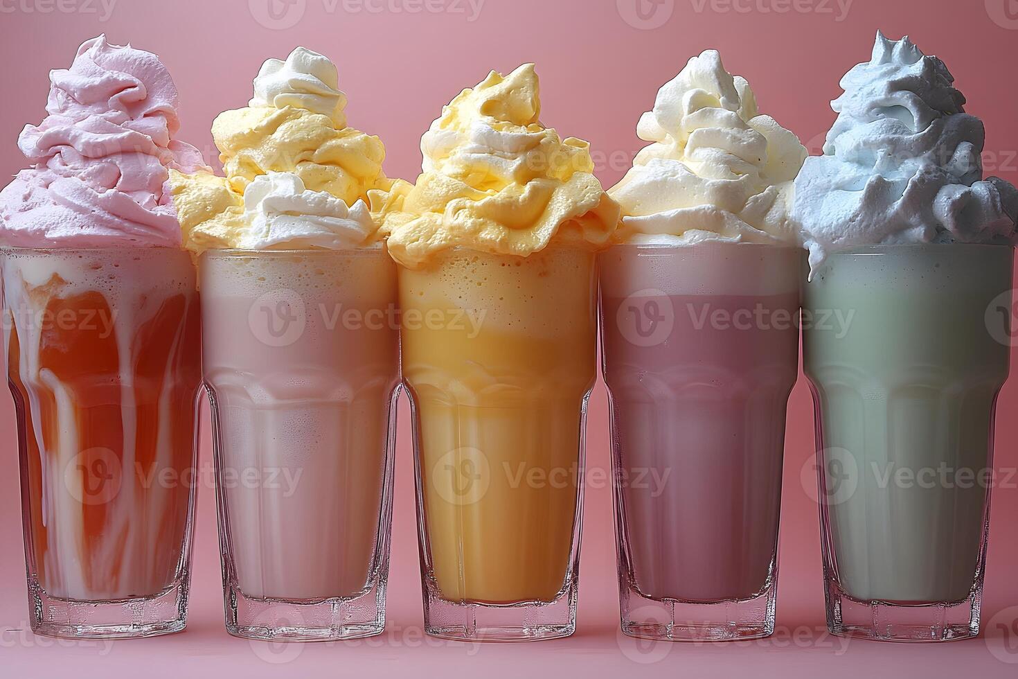 Colorful Milkshake Lineup with Whipped Cream Toppings on Pink Background photo