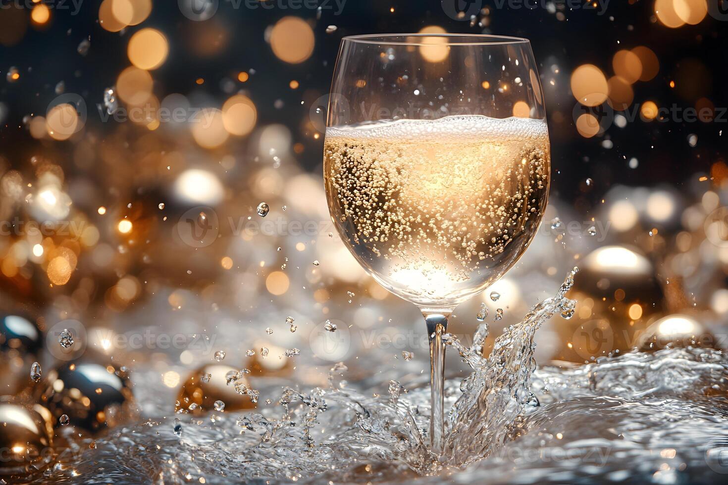 Elegant Celebration with Sparkling Champagne Glass and Bokeh Lights - Perfect for Festive Designs photo