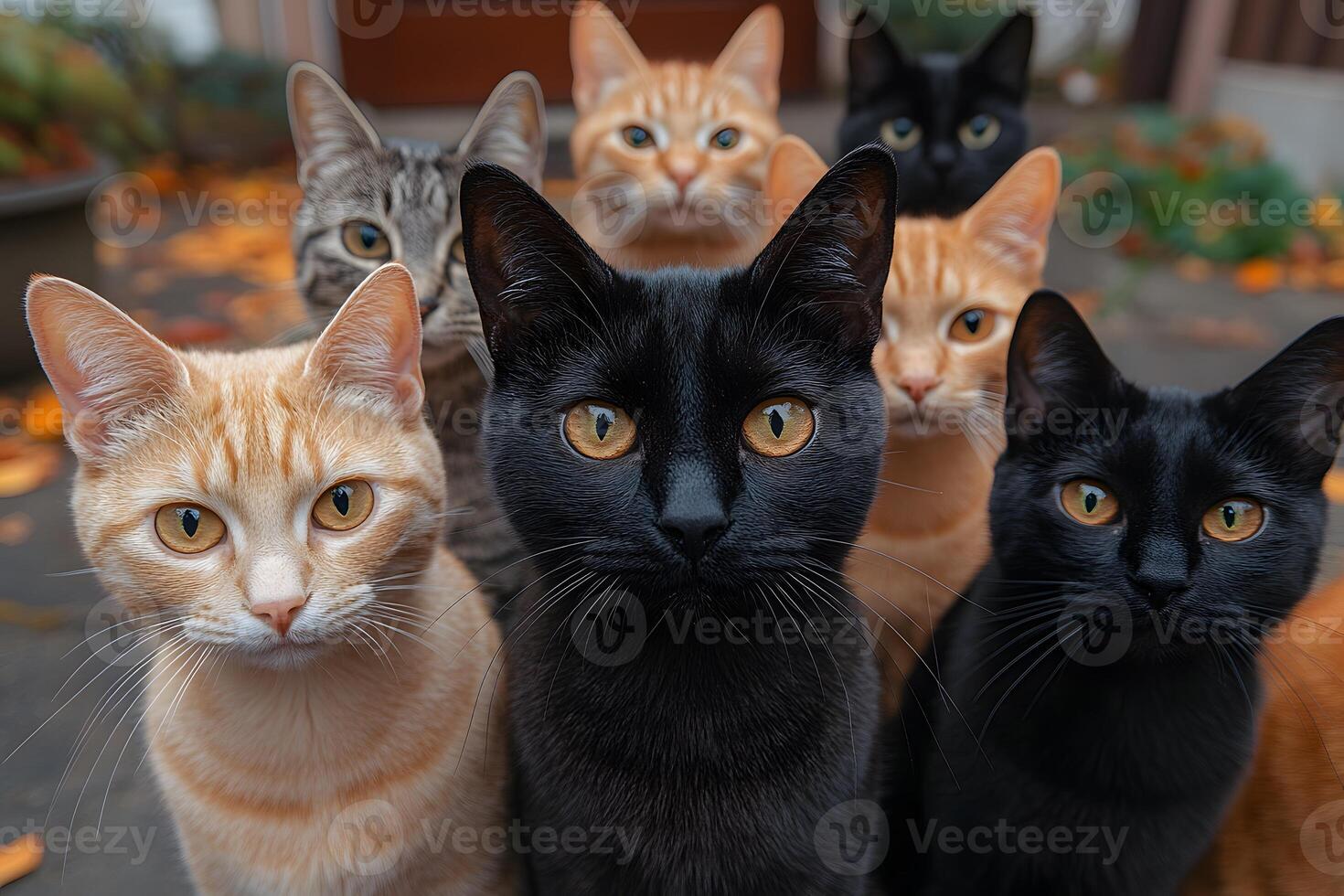 Charming Feline Gathering in Autumn Setting for Pet Photography and Seasonal Greeting Cards photo