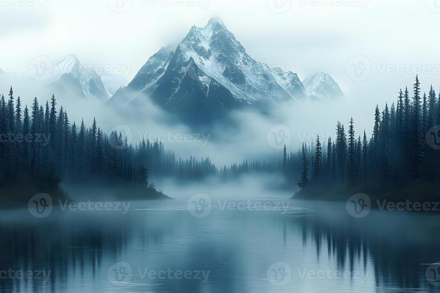 Mystical Mountain Landscape with Misty Pines and Calm Reflections photo