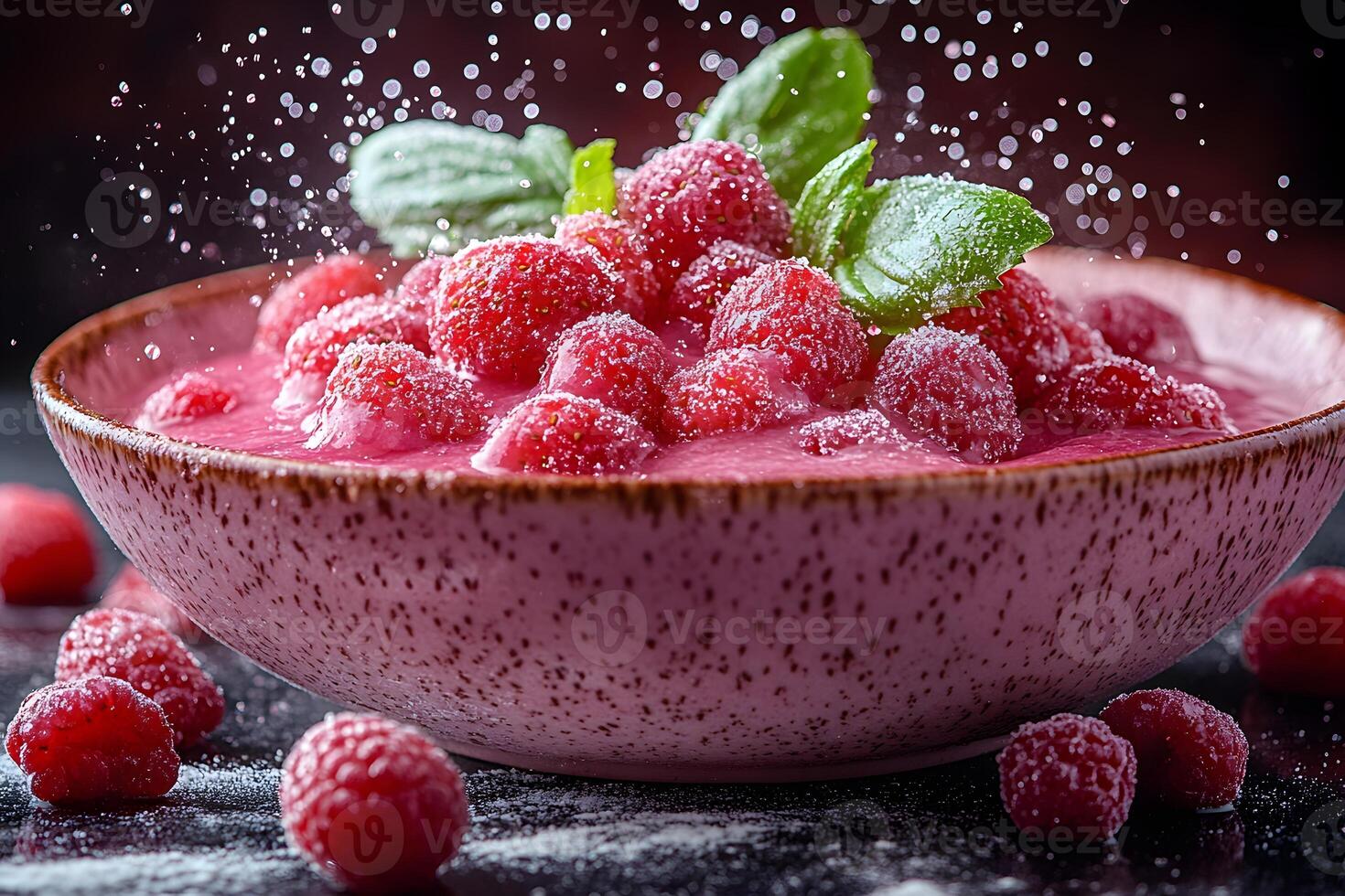 Fresh Raspberry Dessert with Mint Leaves and Powdered Sugar Splash photo