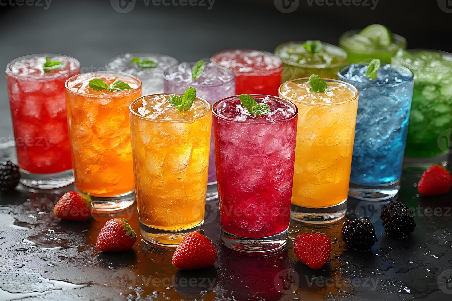 Colorful Assortment of Fruity Refreshing Beverages with Fresh Berries photo