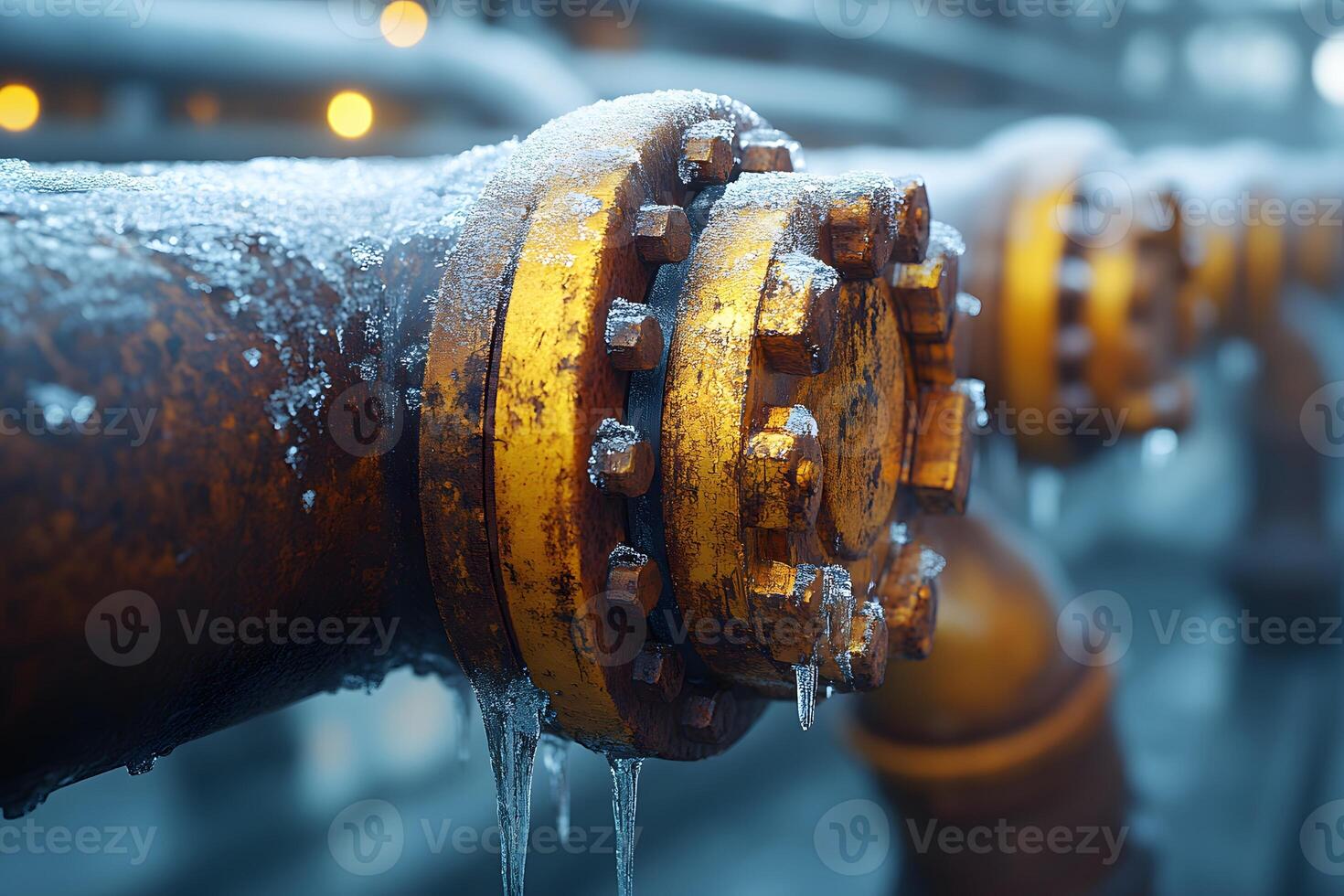 Industrial Winter Scene Frosted Pipes with Ice and Rust for Engineering Design photo