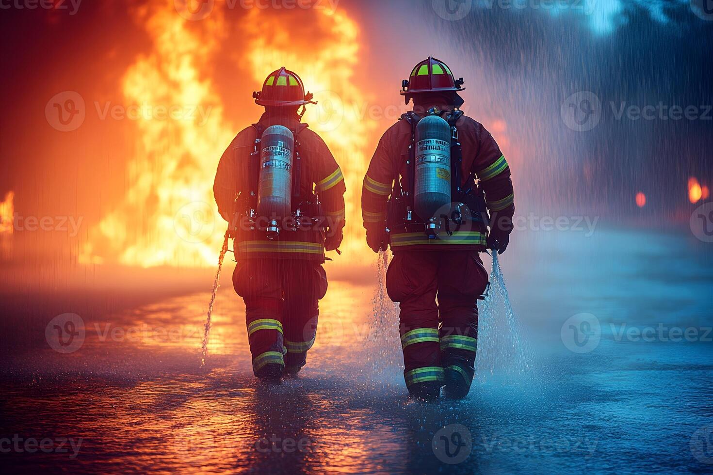 Heroic Firefighters Battling Flames in Intense Scene for Emergency Response photo