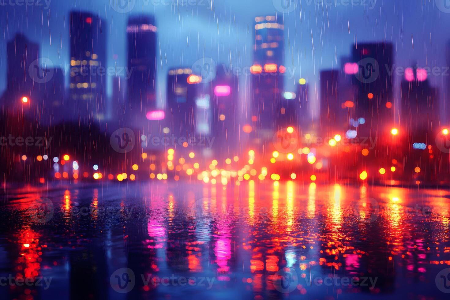 Vibrant Cityscape in the Rain with Colorful Reflections at Night Urban Abstract Photography photo