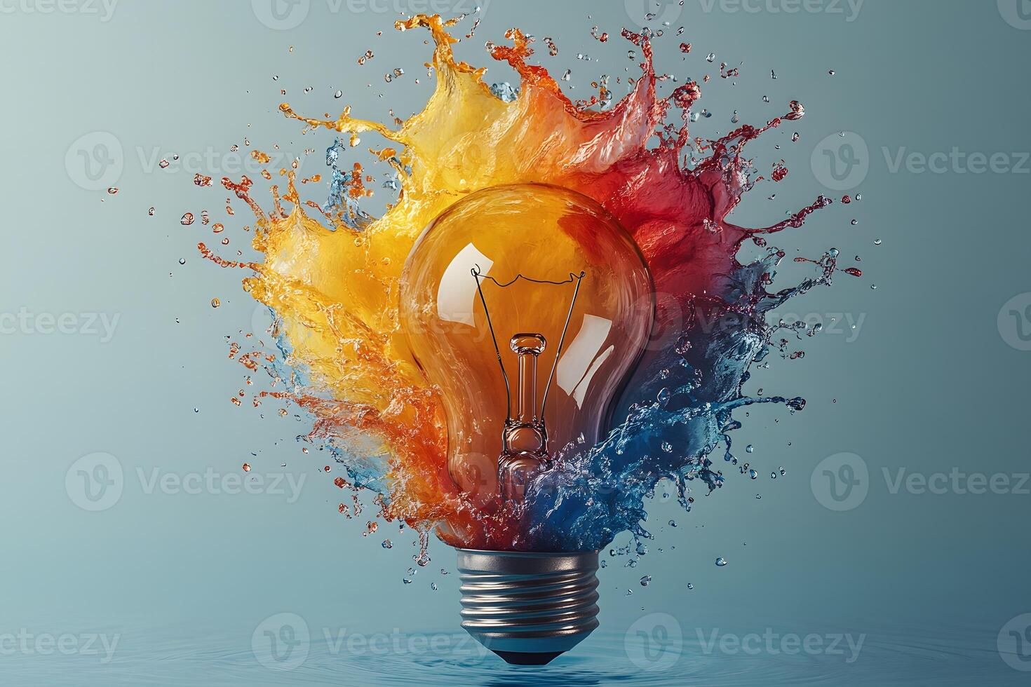 Creative Explosion of Colorful Paint Splashing Around Light Bulb for Innovation Concept photo