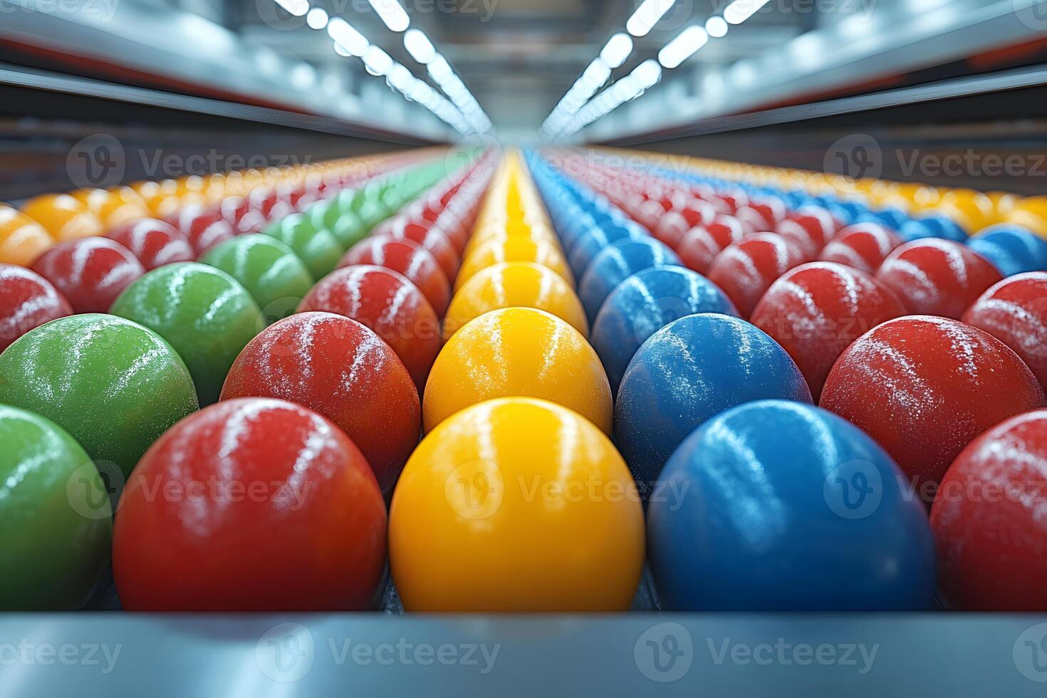 Colorful Confectionery Production Line with Bright Candy Coated Balls in Factory photo