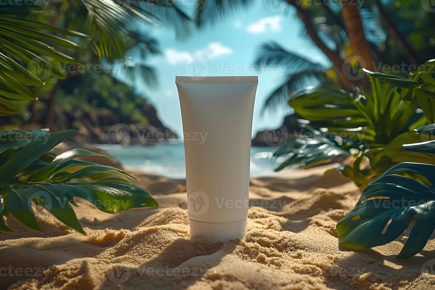 Tropical Skincare Concept Empty Cosmetic Tube on Sandy Beach for Summer Beauty Promotion photo