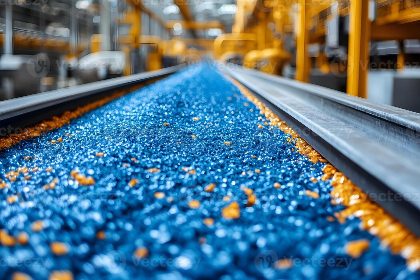 Industrial Blue Plastic Granules on Conveyor Belt in Modern Manufacturing Facility photo
