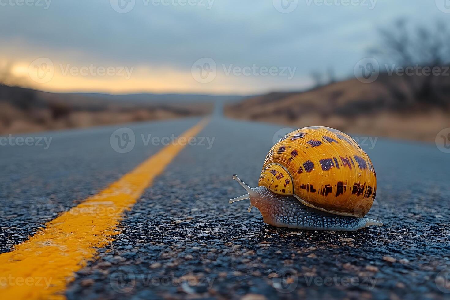 Snail on Deserted Road Journey and Exploration at Sunset photo