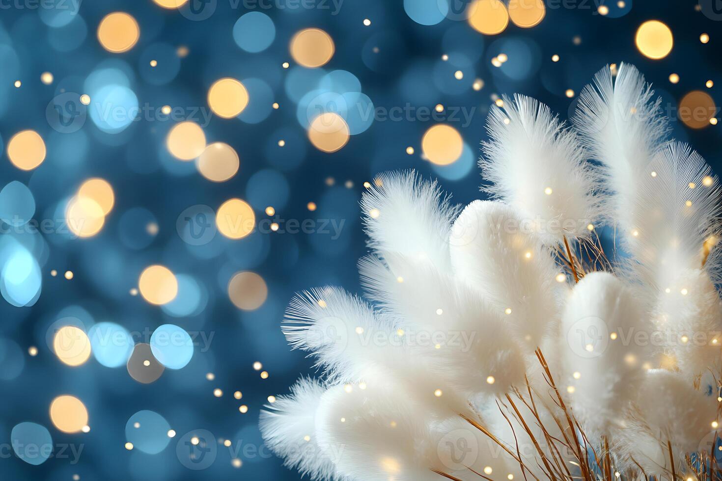 Elegant White Feather Arrangement with Golden Bokeh Background for Holiday Decor and Design photo