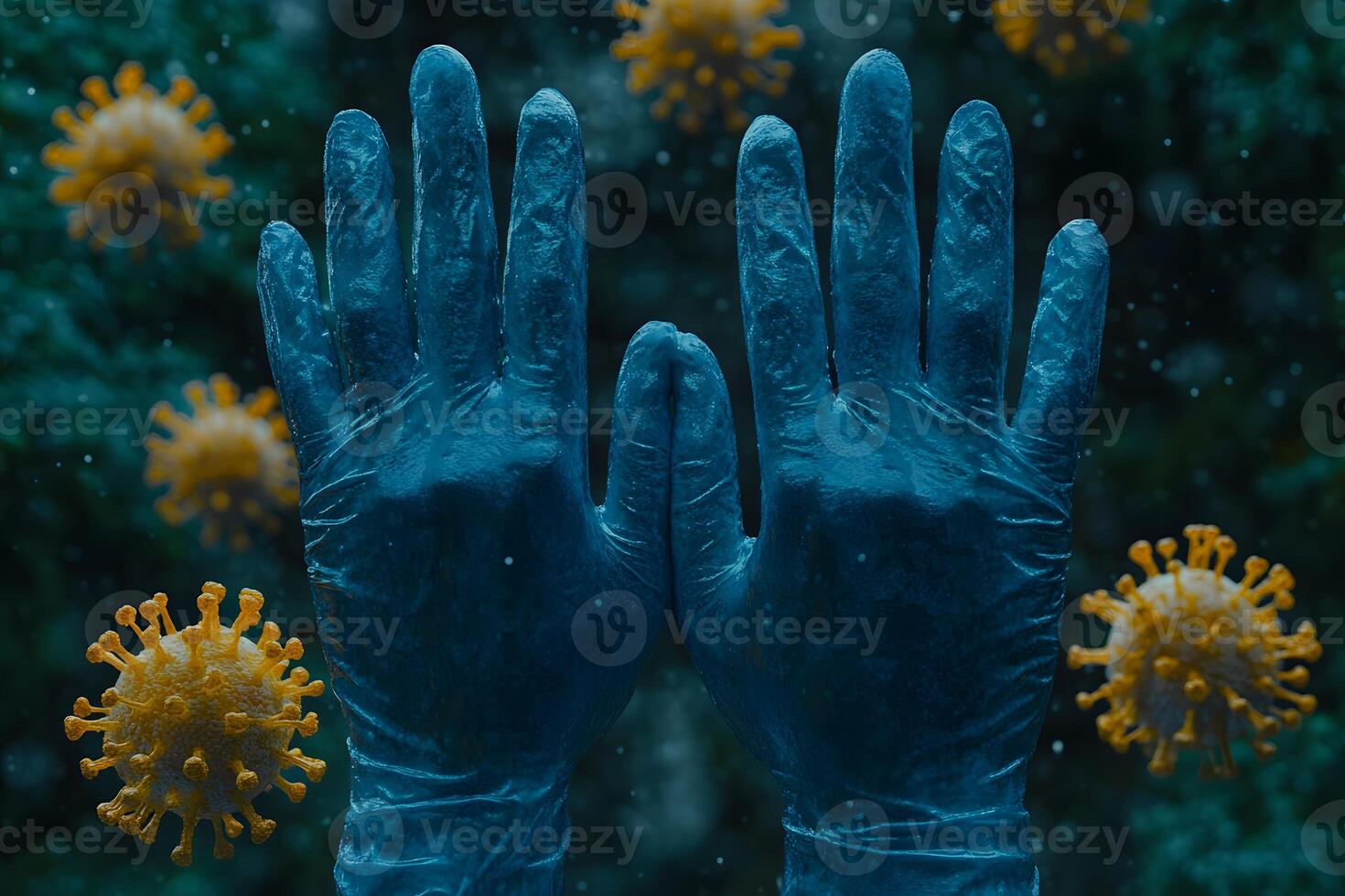 Health Protection Concept with Gloved Hands and Virus Illustration for Medical Awareness photo