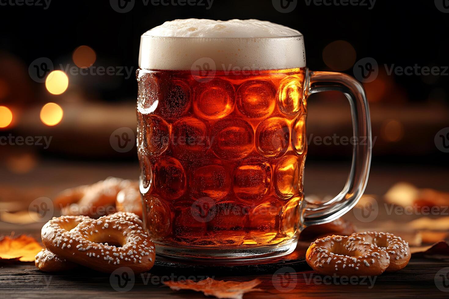Festive Autumn Beer Mug with Pretzels - Oktoberfest Celebration Scene for Seasonal Design photo