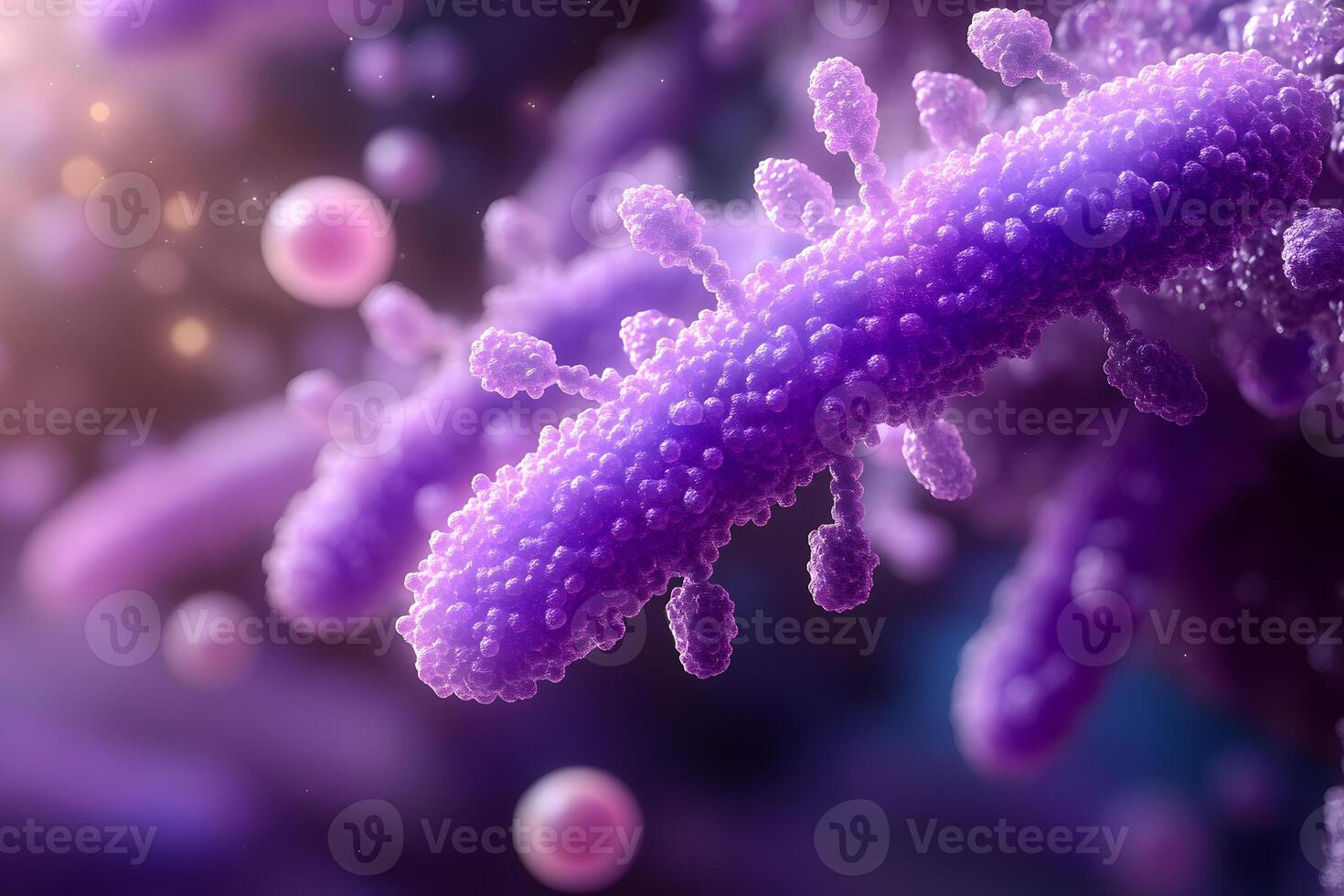 Futuristic Microbiology Concept Close-Up of Purple Bacteria and Particles in Motion photo