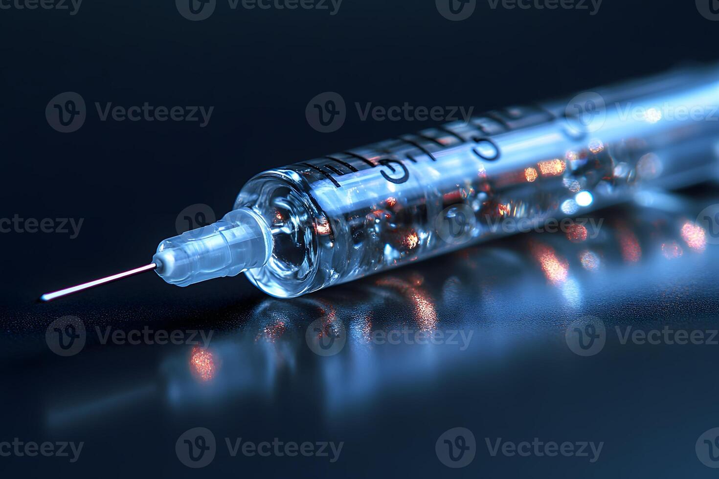 Close-up of Medical Syringe with Needle on Reflective Surface for Healthcare Design photo