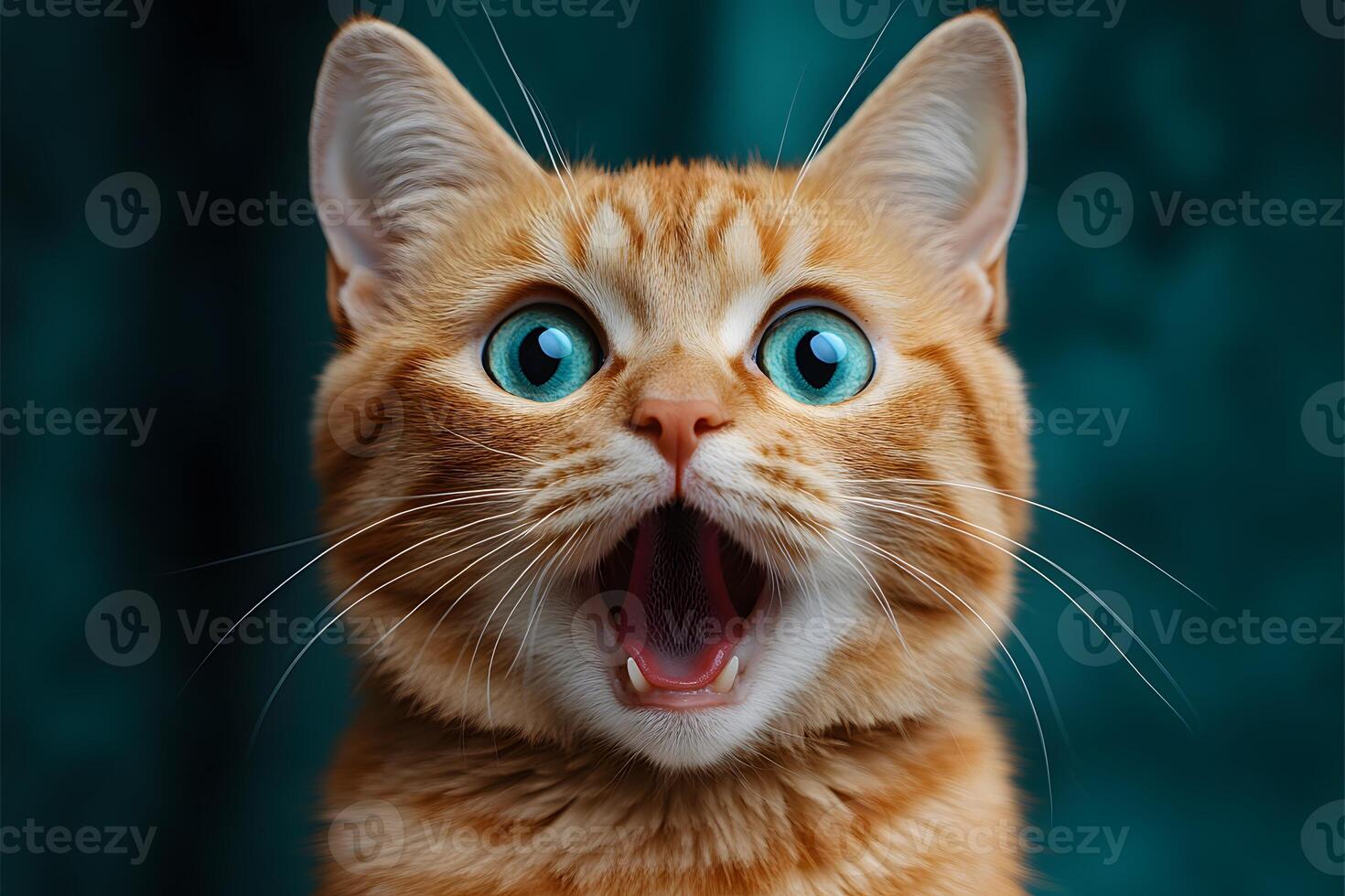 Surprised Ginger Cat with Bright Blue Eyes Against Teal Background photo