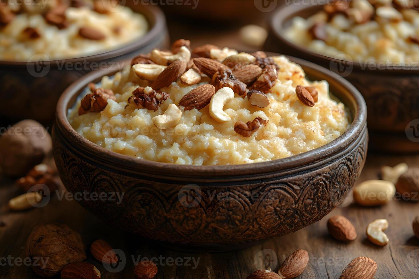 Creamy Rice Pudding Garnished with Nuts in Rustic Bowls for Delicious Dessert photo