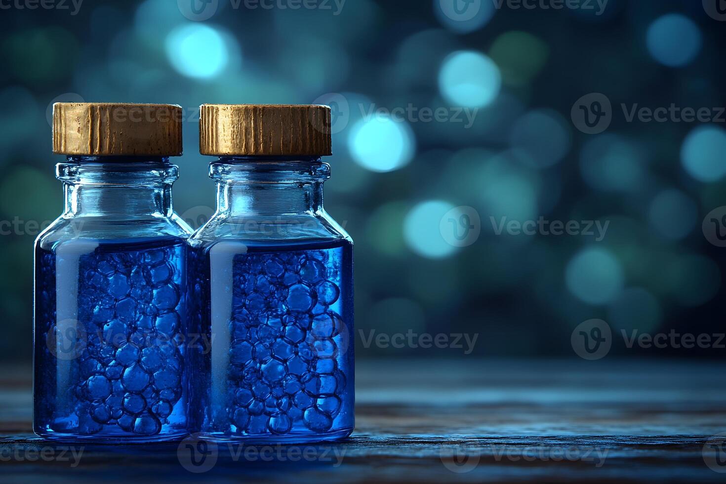 Mystical Blue Potion Bottles with Bokeh Lights for Magical and Fantasy Themes photo