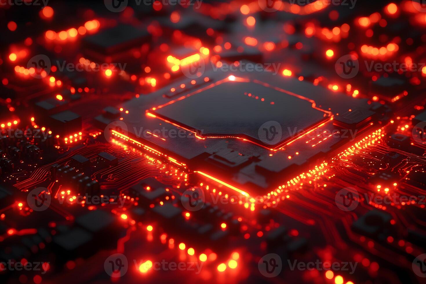 Futuristic Technology Concept - Glowing Red Microchip on Circuit Board - Digital Innovation for AI Design photo