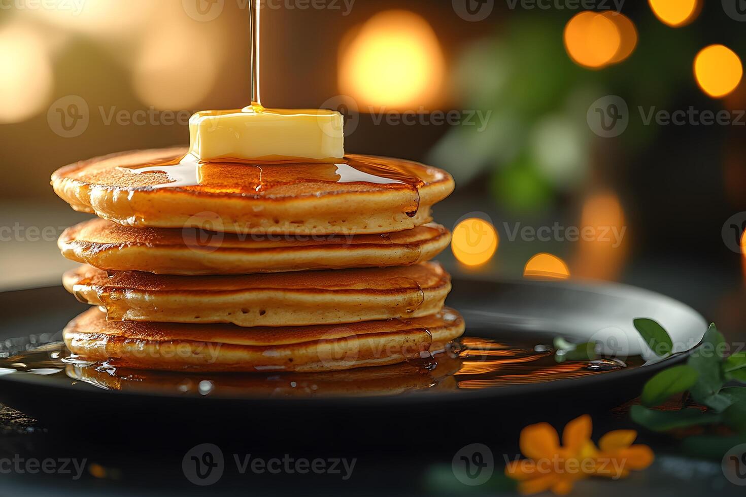 Stack of Golden Pancakes with Butter and Syrup for Cozy Breakfast Atmosphere photo