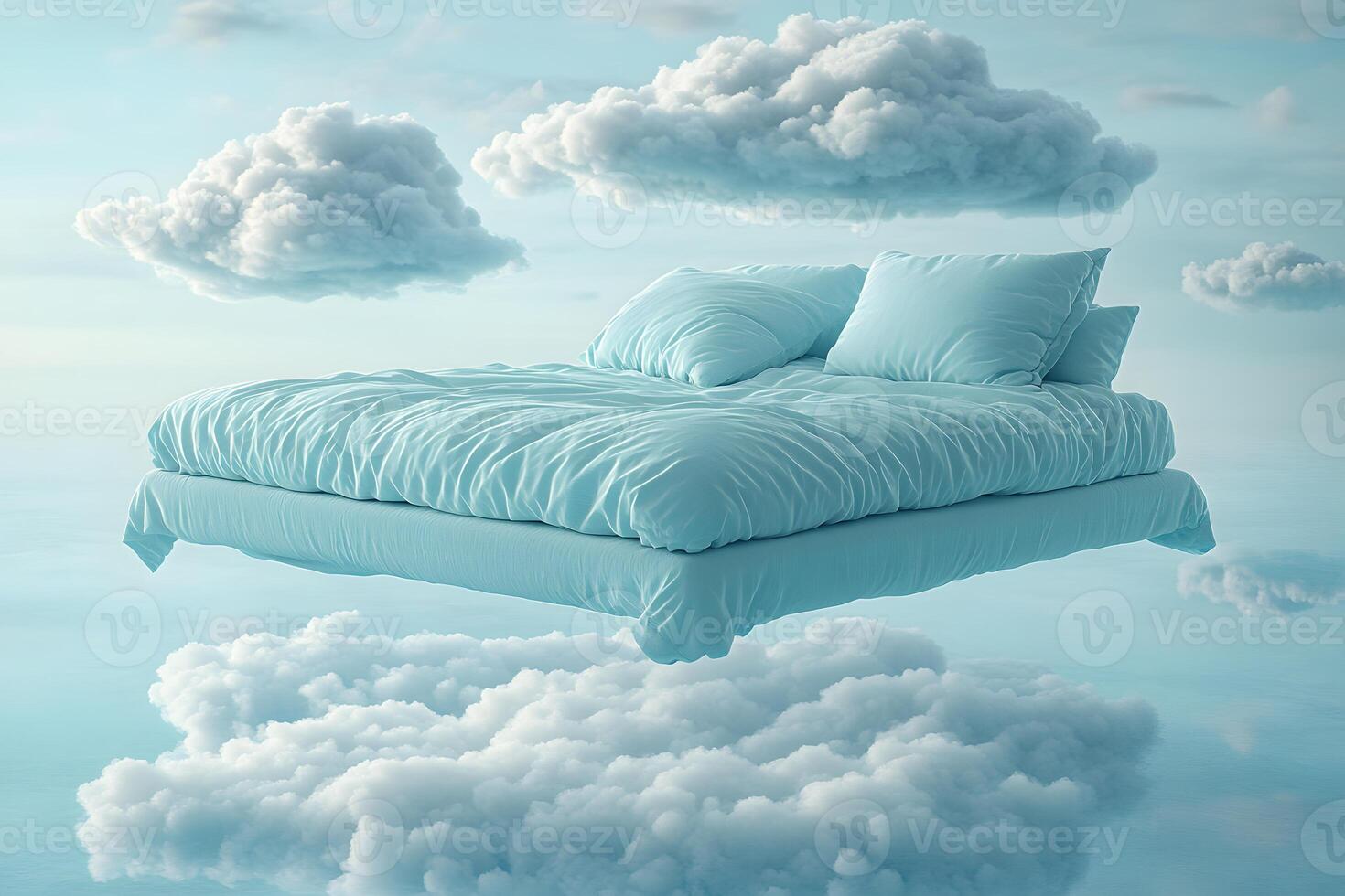 Surreal Dreamscape Floating Bed Amongst Clouds - Imaginative Concept for Serenity and Tranquility photo