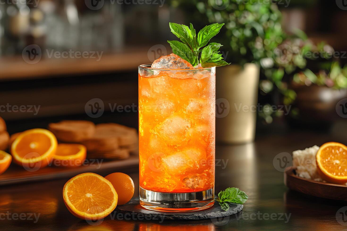 Refreshing Citrus Cocktail with Mint Garnish in a Cozy Bar Setting photo