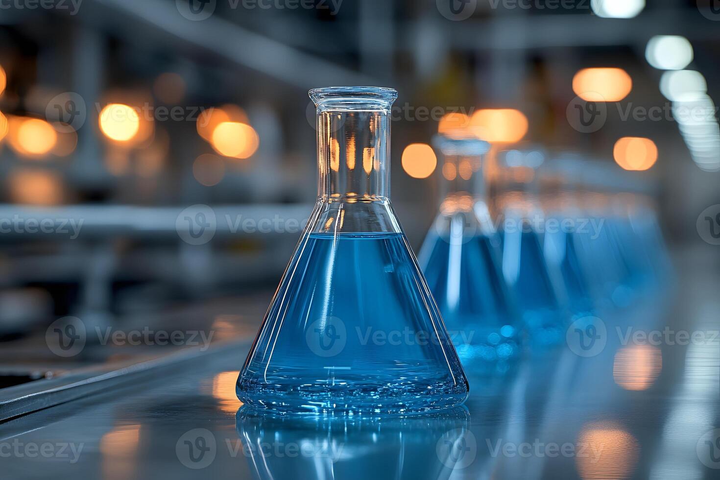 Blue Liquid in Laboratory Flask on Industrial Conveyor Line - Scientific and Technological Innovation photo