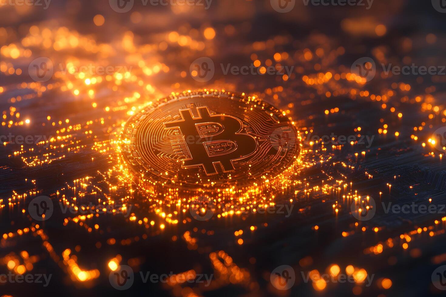 Bright Glowing Bitcoin on Digital Network - Cryptocurrency and Blockchain Technology Concept photo