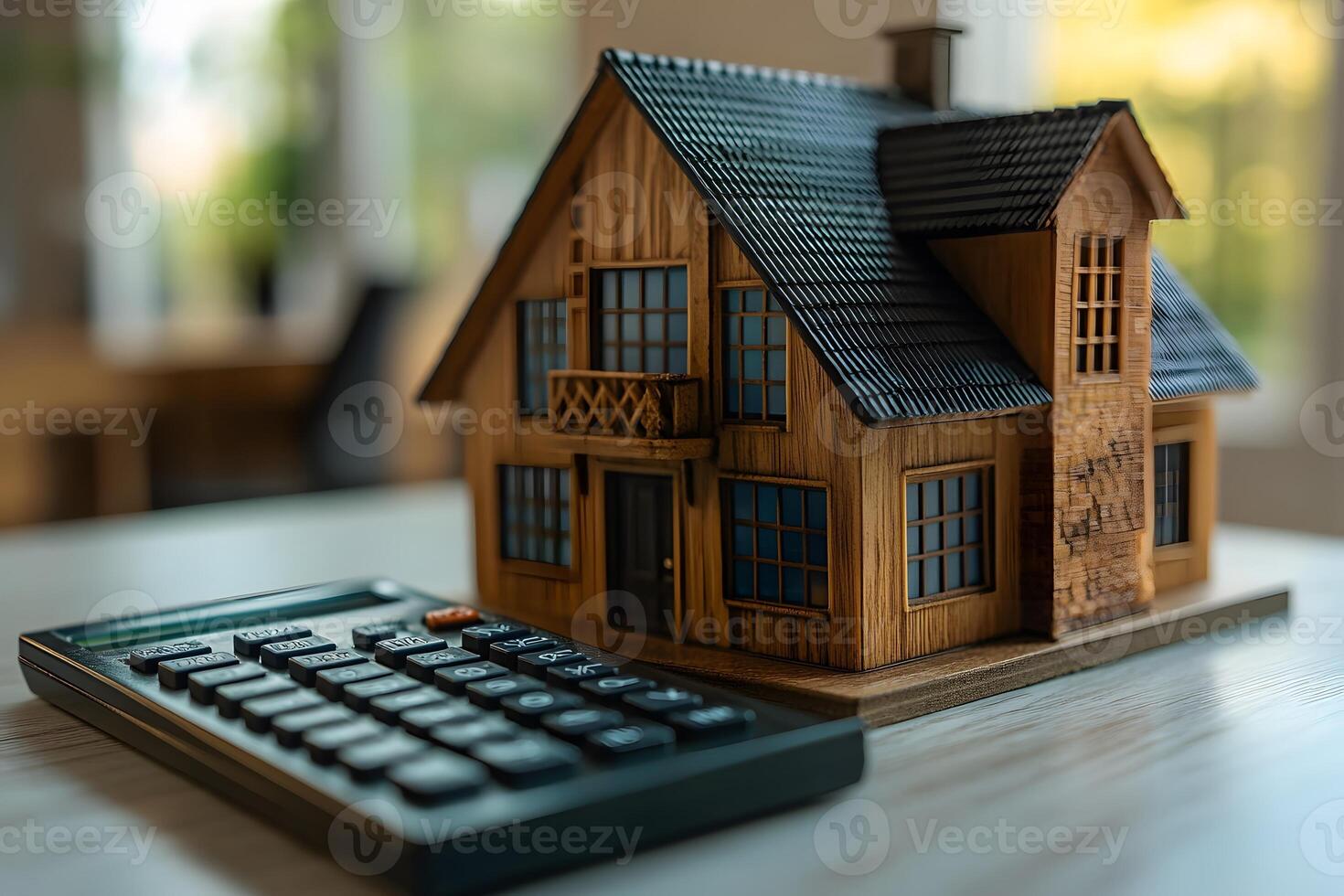 Real Estate Investment Wooden House Model with Calculator on Desk photo