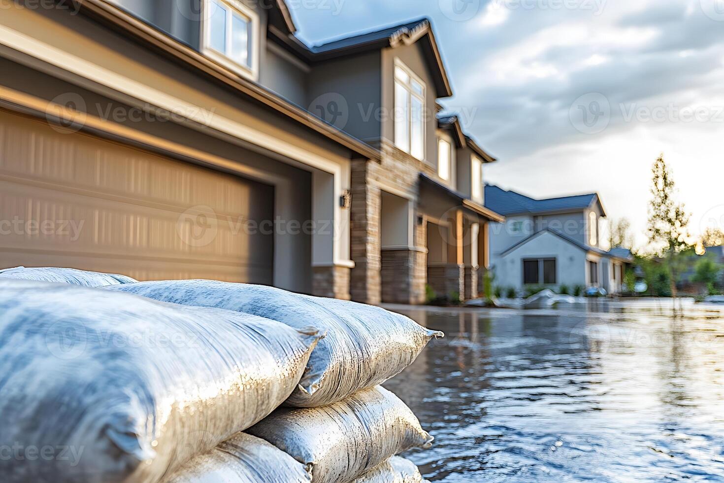 Street with Sandbags Protecting Homes Flood Control and Preparedness Concept photo