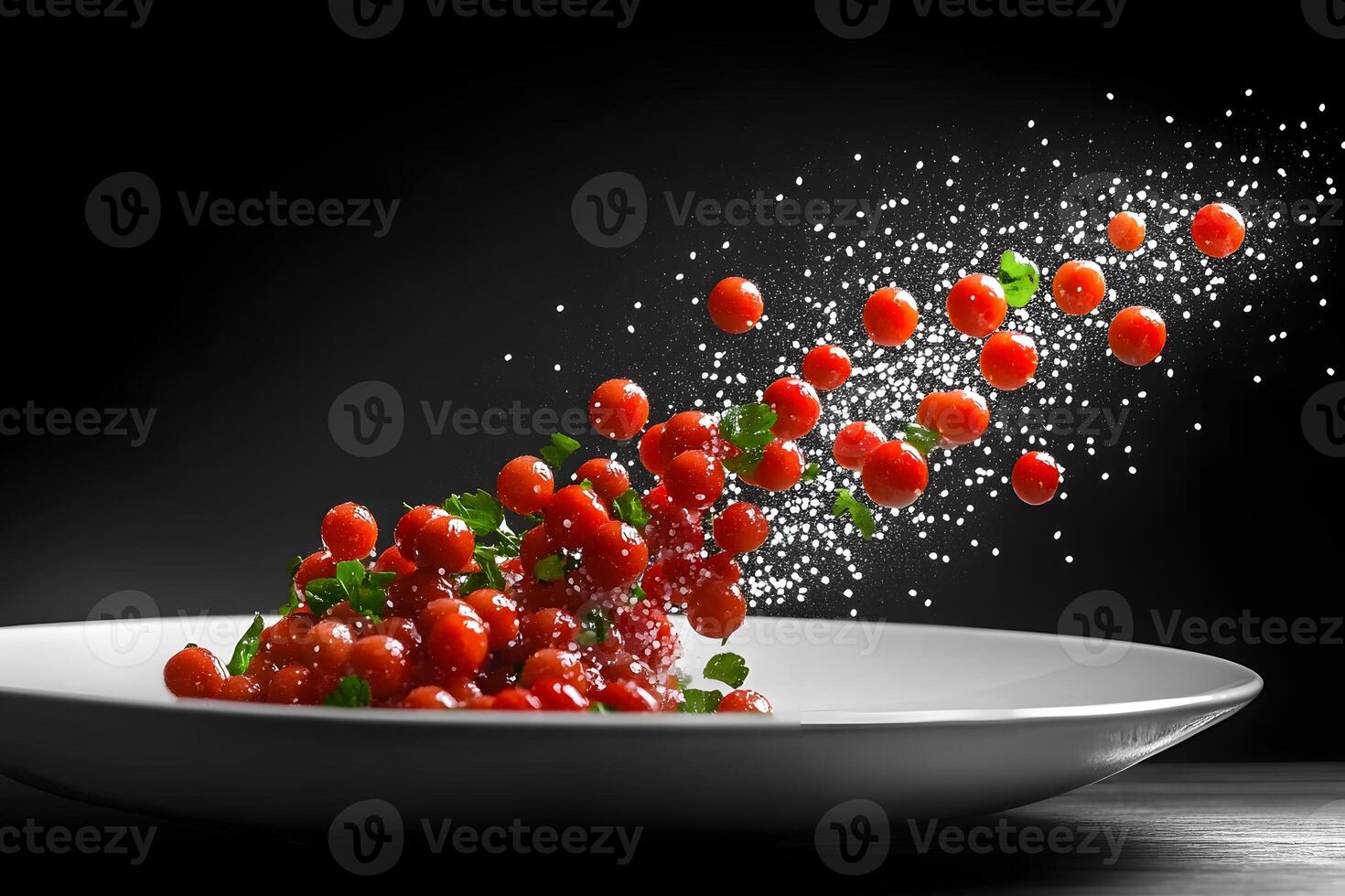 Dynamic Culinary Art Cherry Tomatoes and Herbs with Salt Splash on Black Background photo