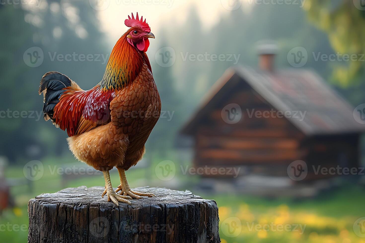 Majestic Rooster on Wooden Stump with Rustic Cabin Background photo