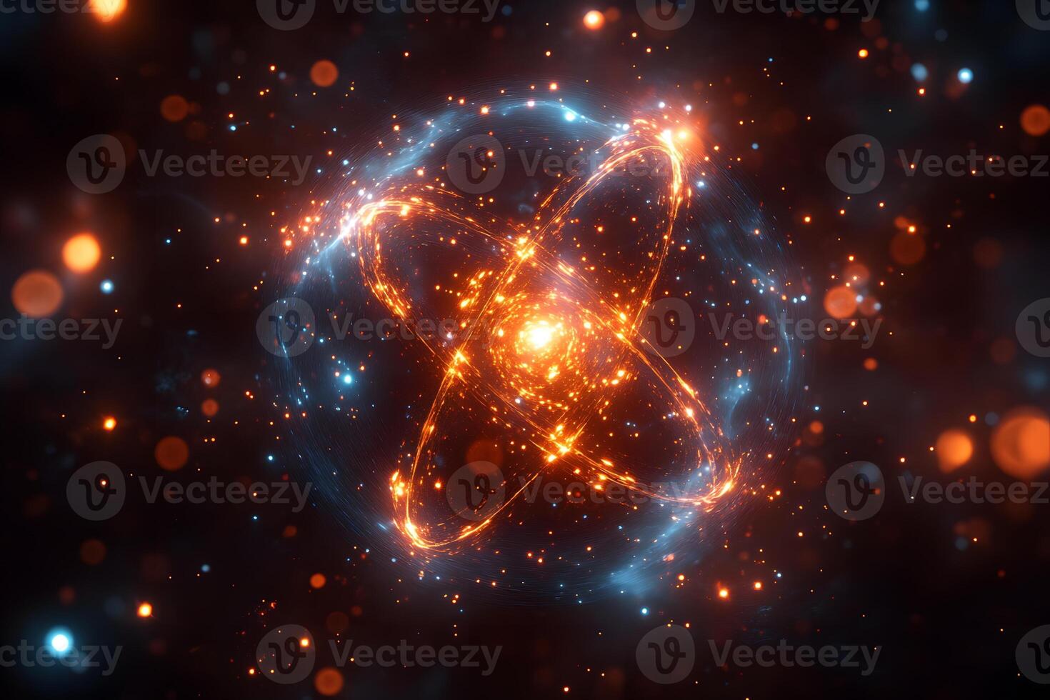 Glowing Atomic Structure in Dark Space for Science and Technology Concepts photo