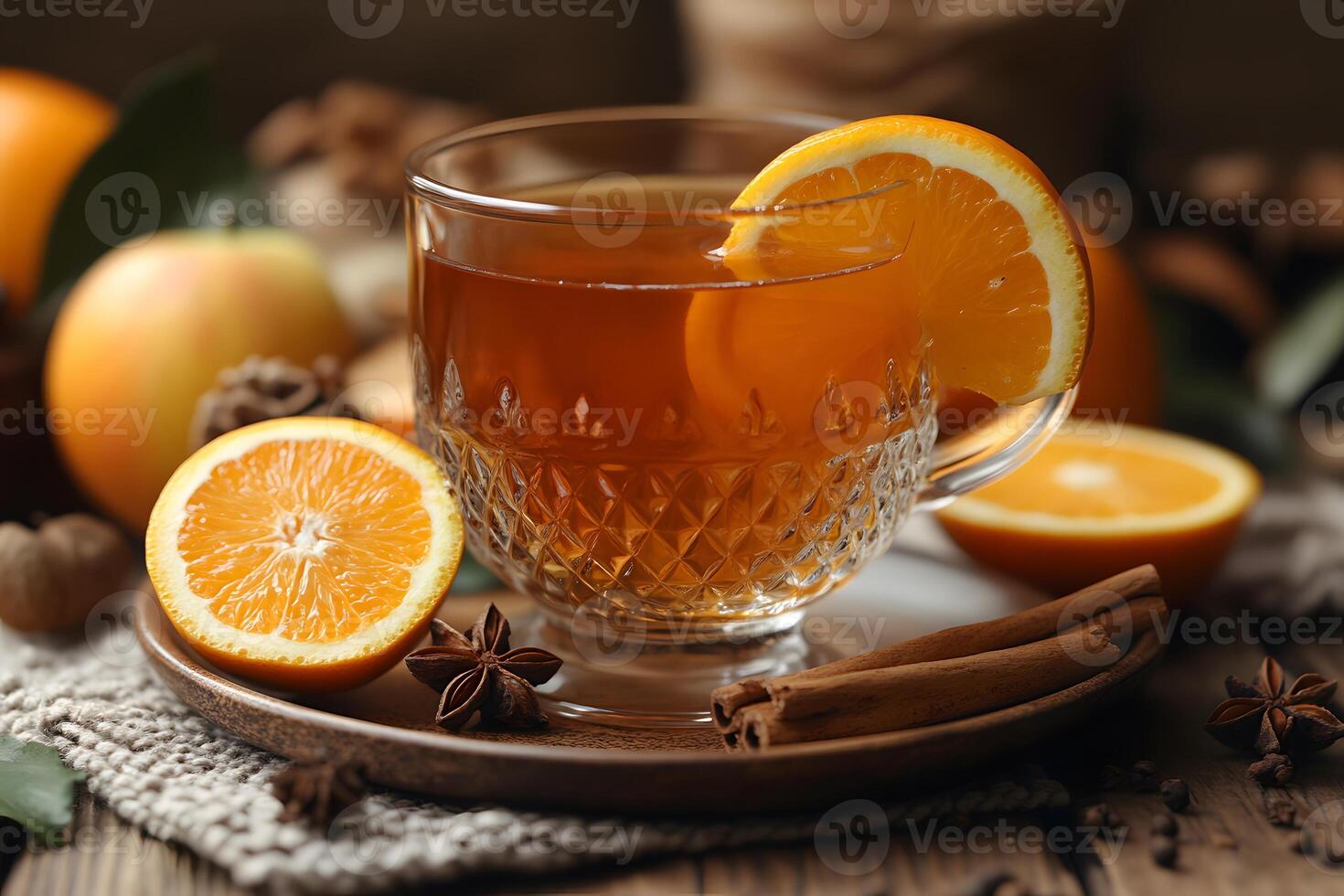 Cozy Autumn Drink with Apple Cider, Orange Slice, and Spices for Seasonal Warmth photo