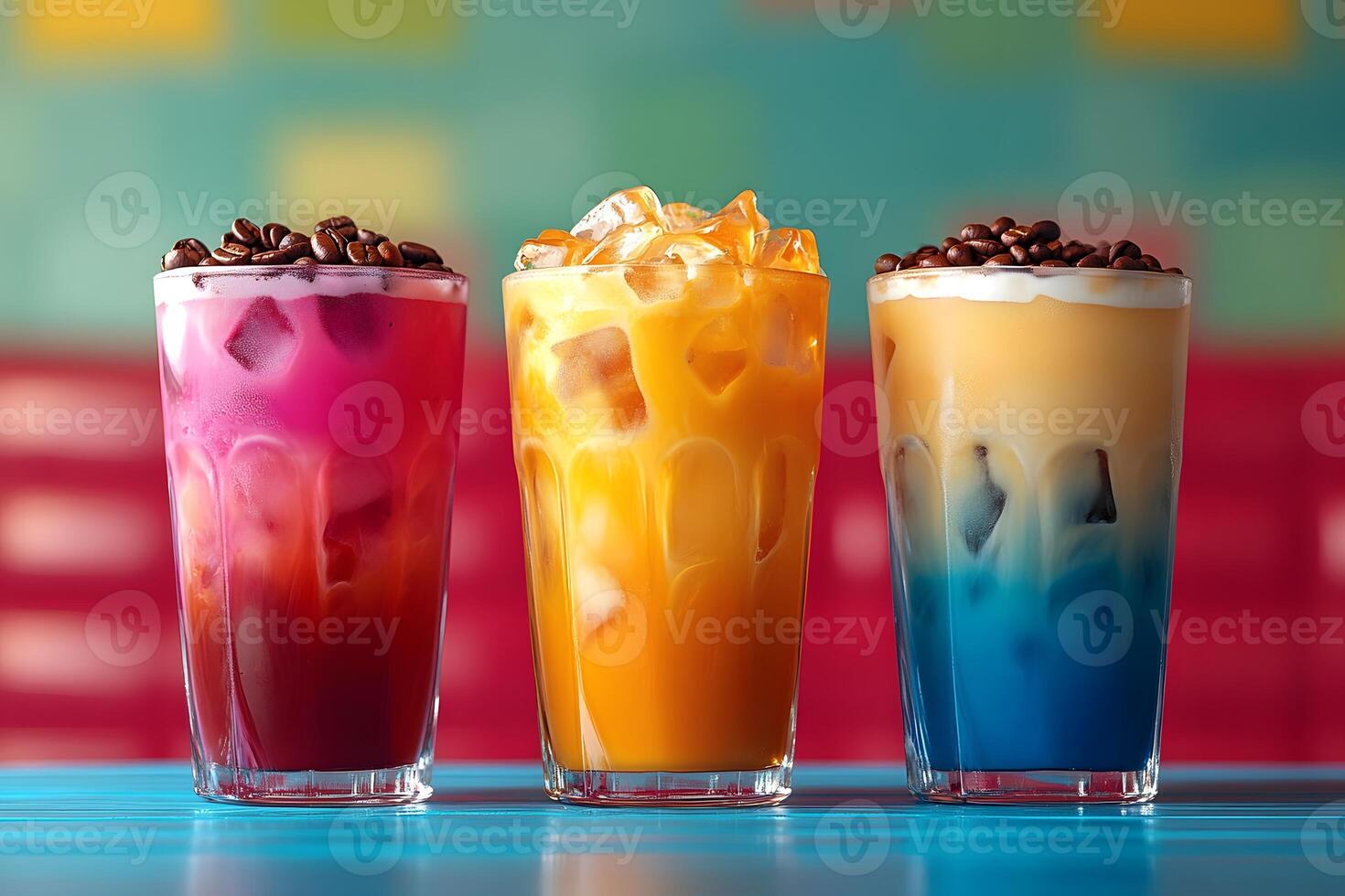 Colorful Assorted Iced Beverages Against Vibrant Backdrop for Summer Refreshment photo