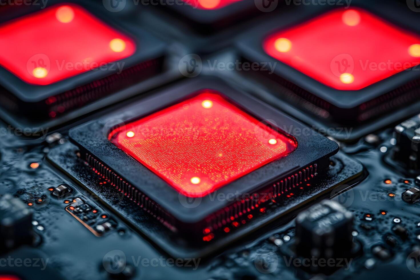 Futuristic Technology Circuit Board with Glowing Red Microchips for Tech Innovations photo