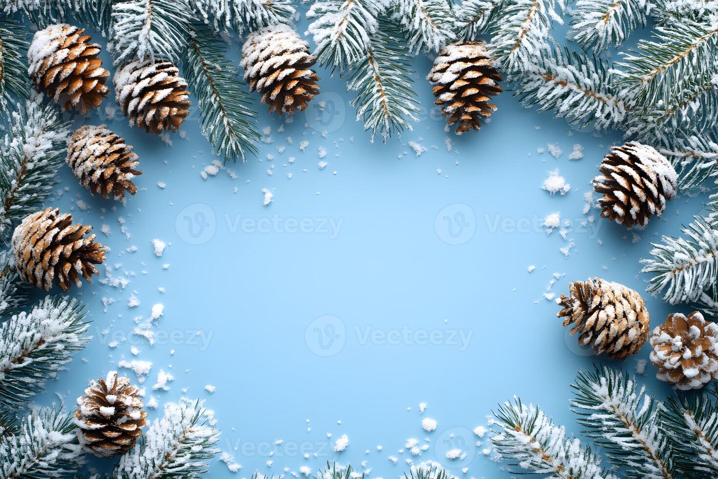 Winter Holiday Frame with Pine Cones and Snow-Dusted Evergreen Branches photo