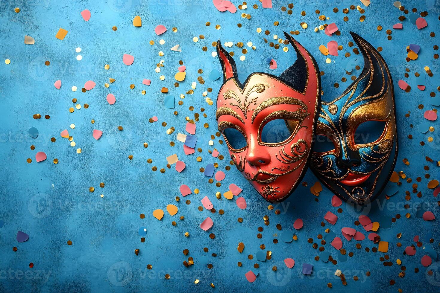 Vibrant Venetian Masquerade Masks with Colorful Confetti on Blue Background for Festive Celebrations photo