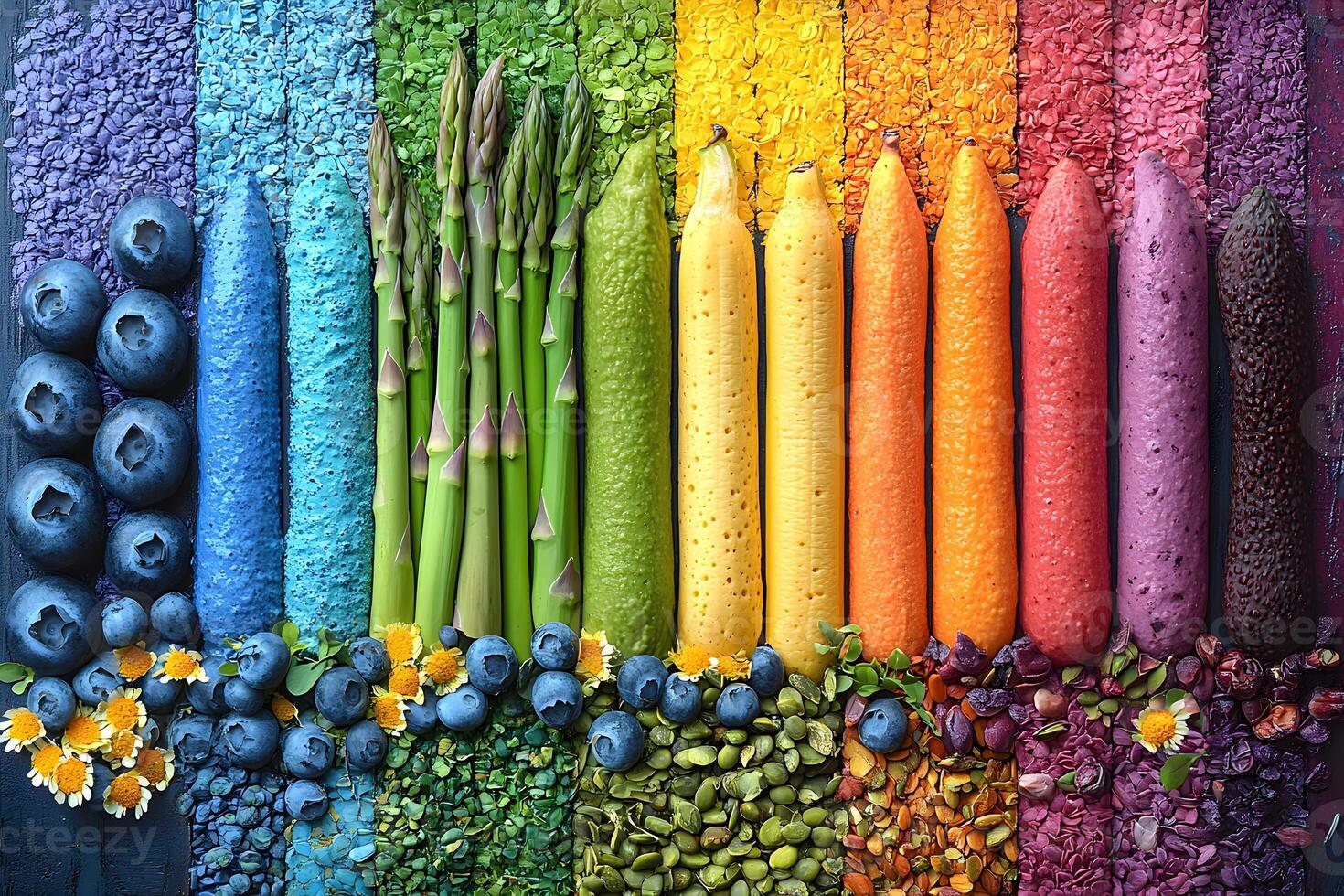 Vibrant Rainbow of Fresh Vegetables and Fruits for Healthy Living Design photo