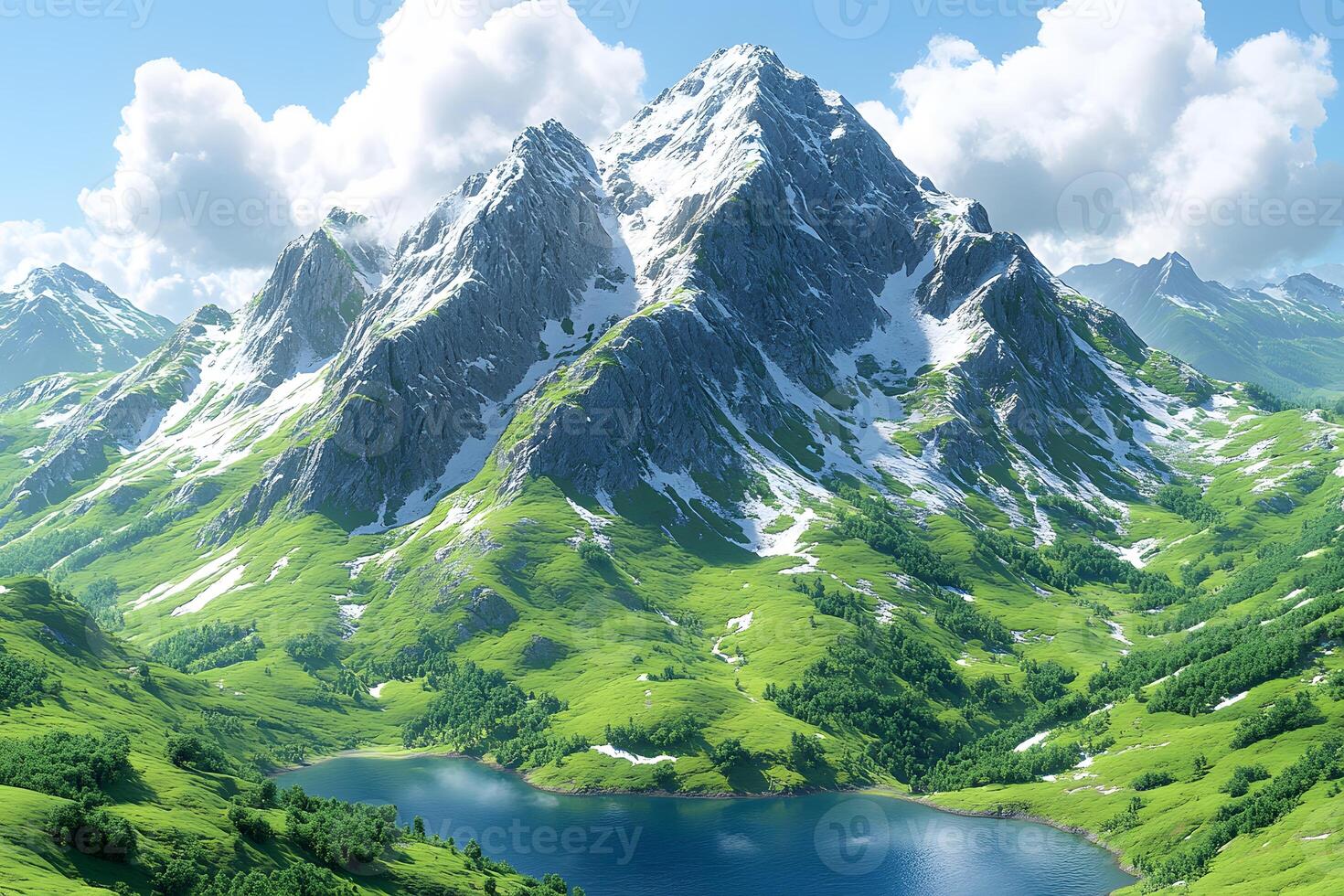 Majestic Mountain Landscape and Serene Lake Under Clear Blue Sky for Nature Design photo