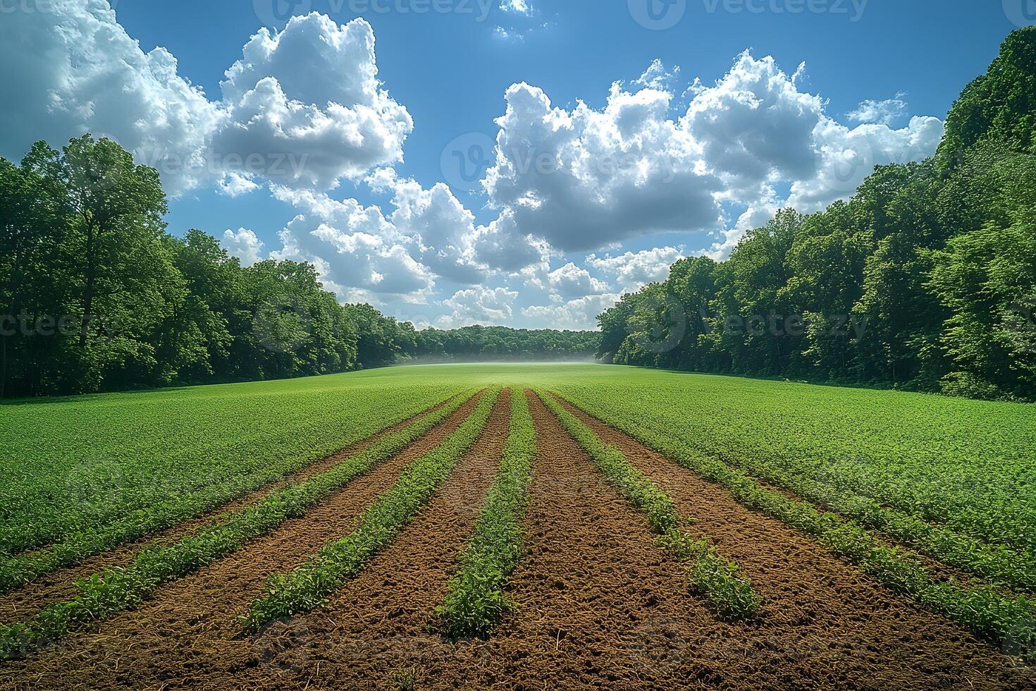 Lush Green Field Under Dramatic Cloudy Sky for Nature Landscape Poster photo