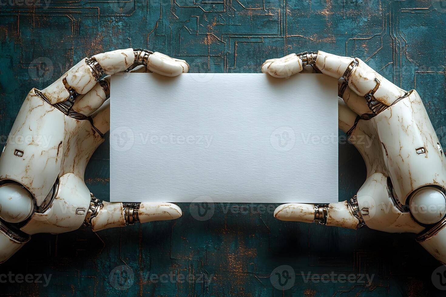 Futuristic Robotics Artificial Hands Holding Blank Card for Design and Communication photo