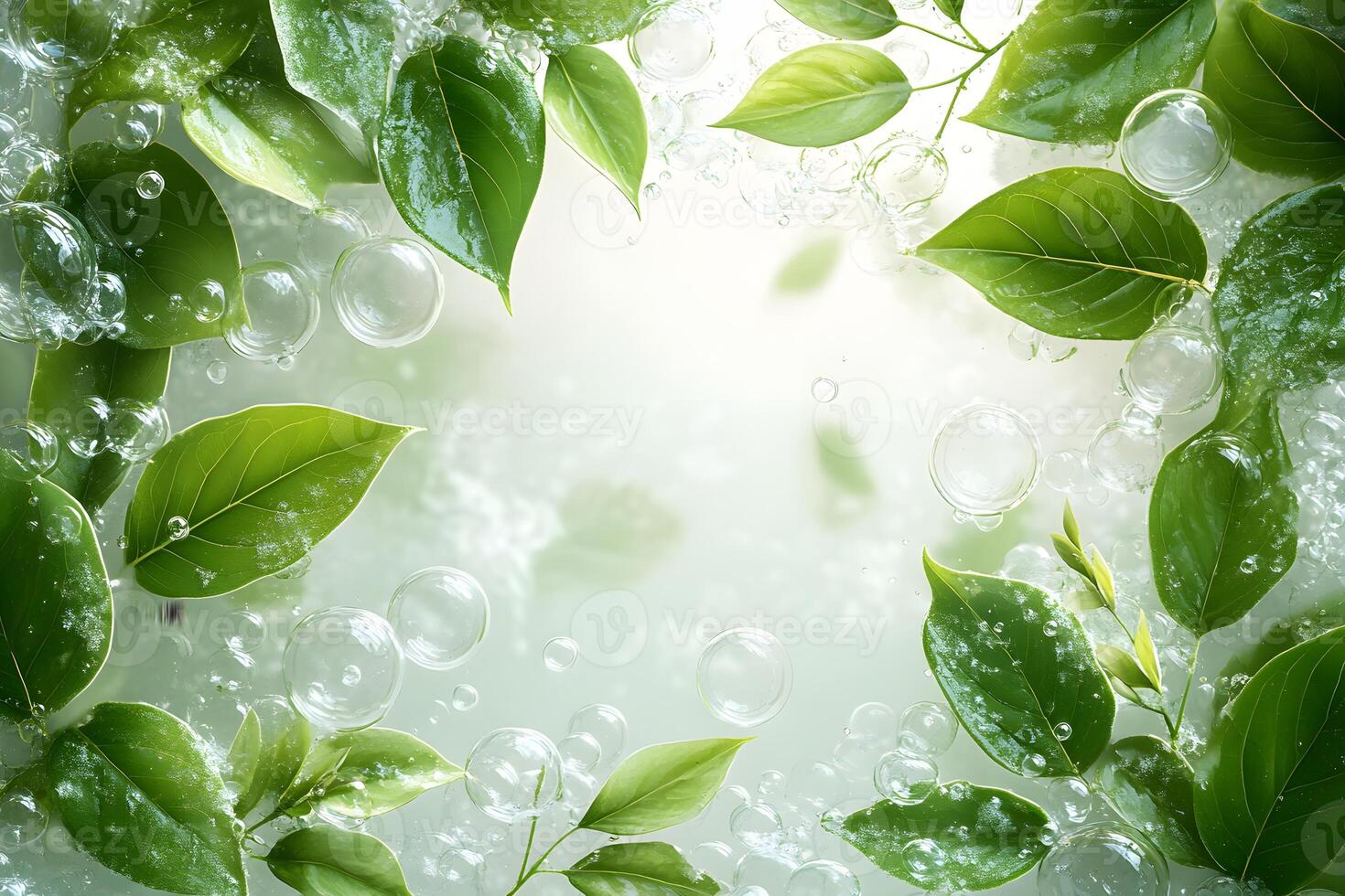 Refreshing Green Leaves and Bubbles on Light Background - Nature Concept for Eco-Friendly Designs photo