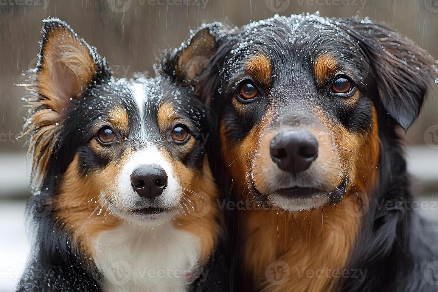 Close-Up Portrait of Two Adorable Dogs in Rainy Weather photo
