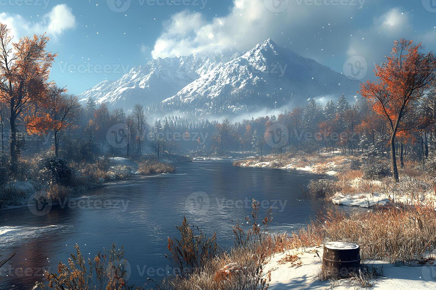 Serene Winter Landscape with Snowy Mountains and Tranquil River photo